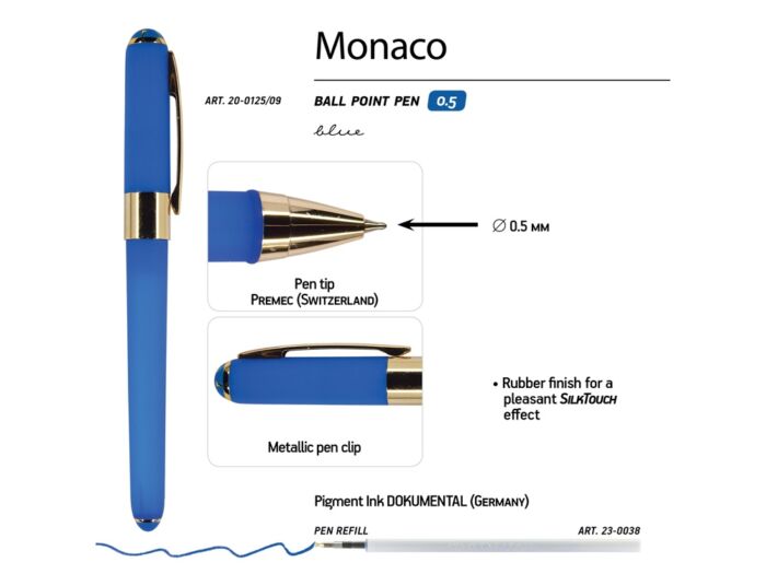 Ручка пластиковая шариковая Monaco, 0,5мм, синие чернила, ярко-синий